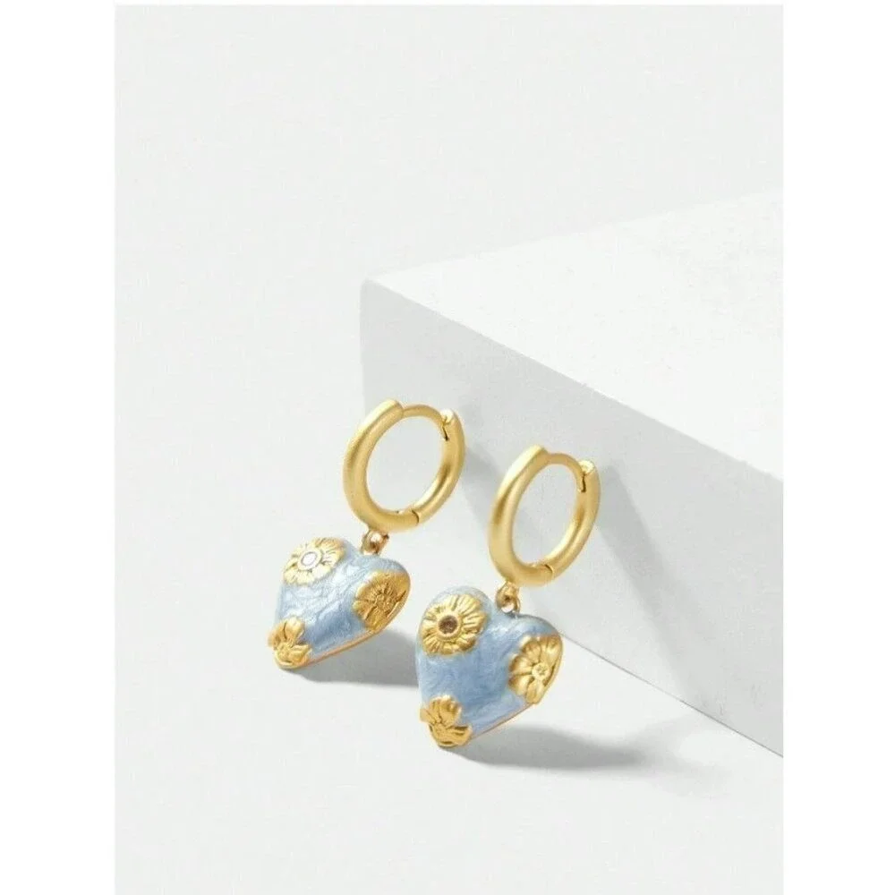 Gold-Plated Heart Hoop Earrings With Blue Enamel & Floral Detailing - Picture 6 of 6